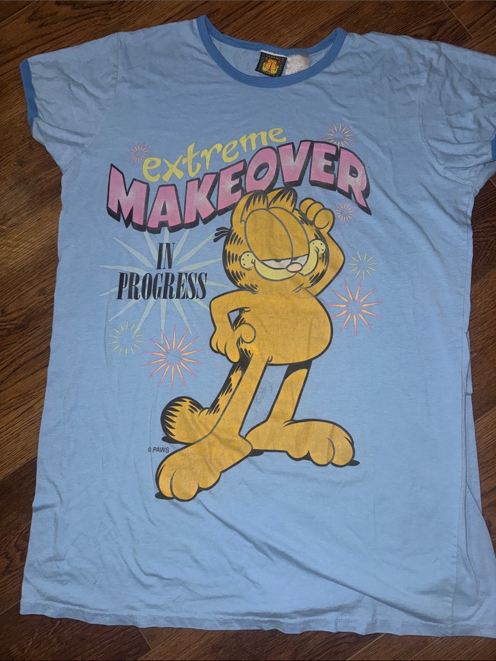 Vintage Garfield 'Extreme Makeover' Light Blue Ringer Sleep Shirt - OSFA